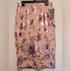 ECI Pink/Coral Metallic Floral Midi Pencil Skirt - Sz M - NWT